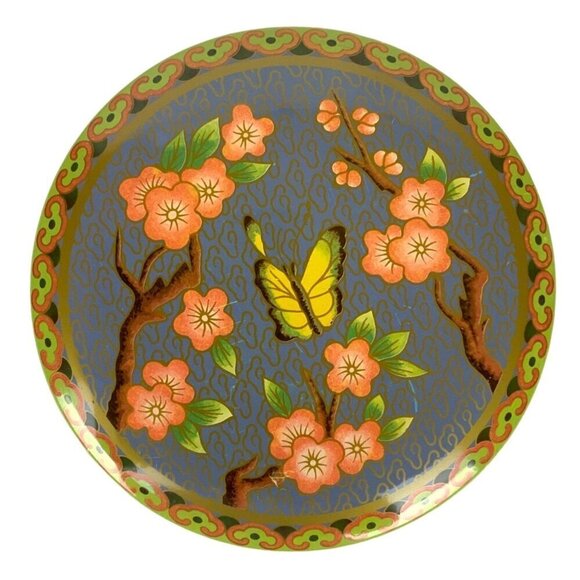 Vintage Daher Decorated Ware Lidded Tin Round Cherry Blossoms Butterfly Design - Picture 2 of 8